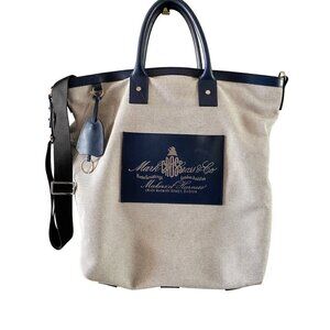 Mark Cross Equestrian Historical Logo Tote Bag Cotton Leather Navy Blue White